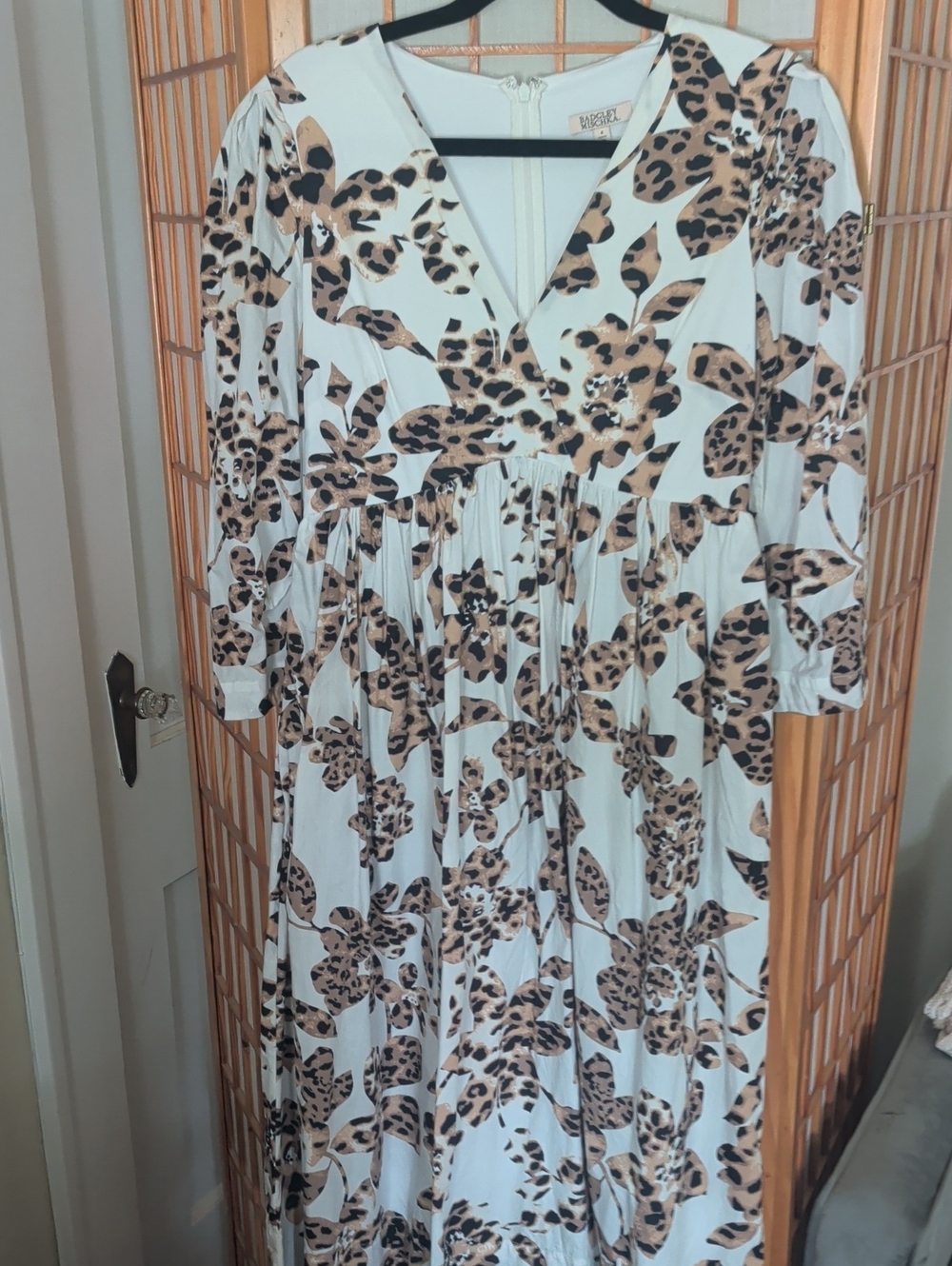 Badgley Mischka White Tea Length Dress with Beige Leopard Floral Print